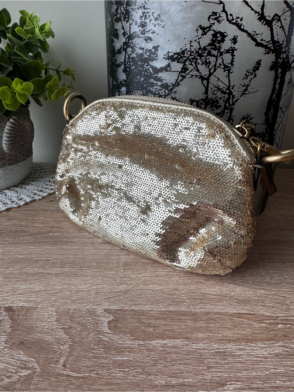 Coach Gold Sequin Wristlet with Decorative Bow and Chain - Picture 2 of 8